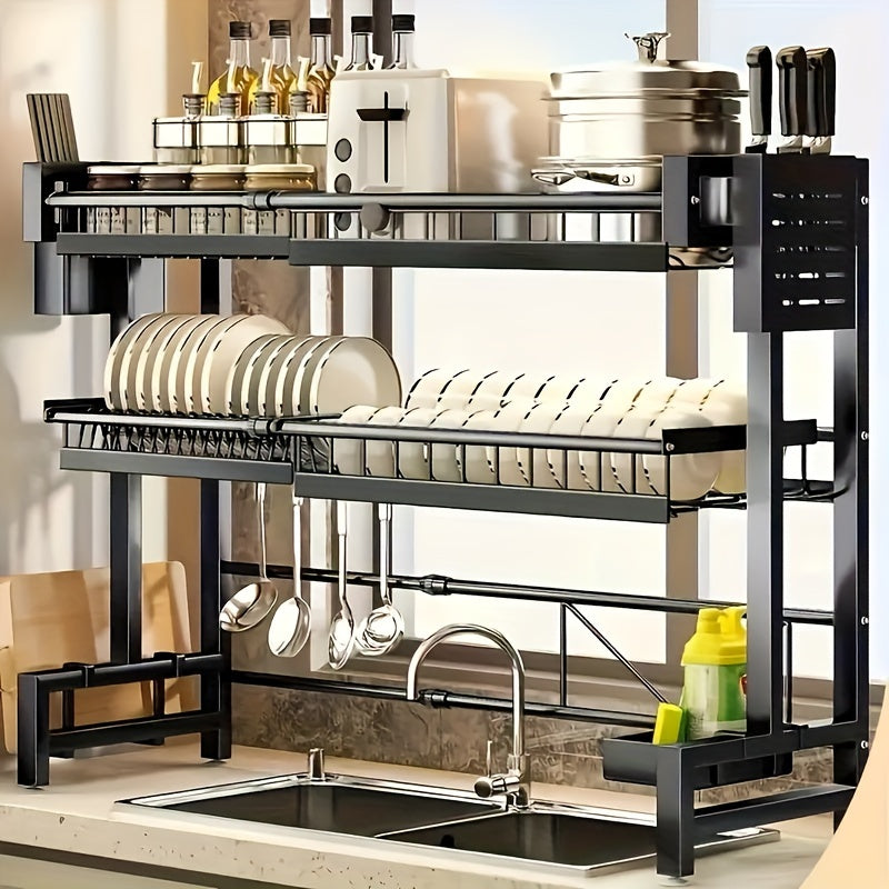 Expandable stainless steel dish storage rack from SHOWLU FASHION STORE, kitchen sink drainer with multiple compartments.