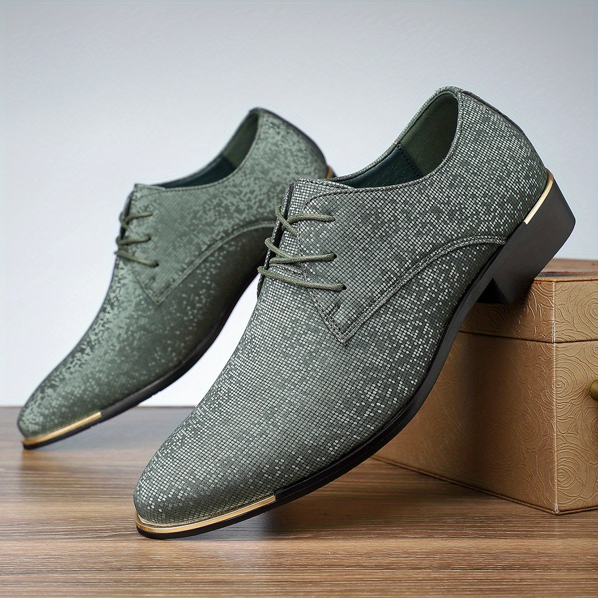 SHOWLU Men's green glittery Oxford shoes with casual lace-up style and rubber sole, perfect for stylish everyday wear.