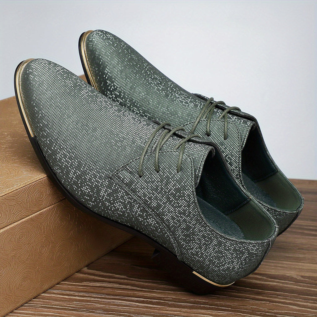 Men's green glittery Oxford shoes with casual lace-up design and rubber sole from SHOWLU FASHION STORE.