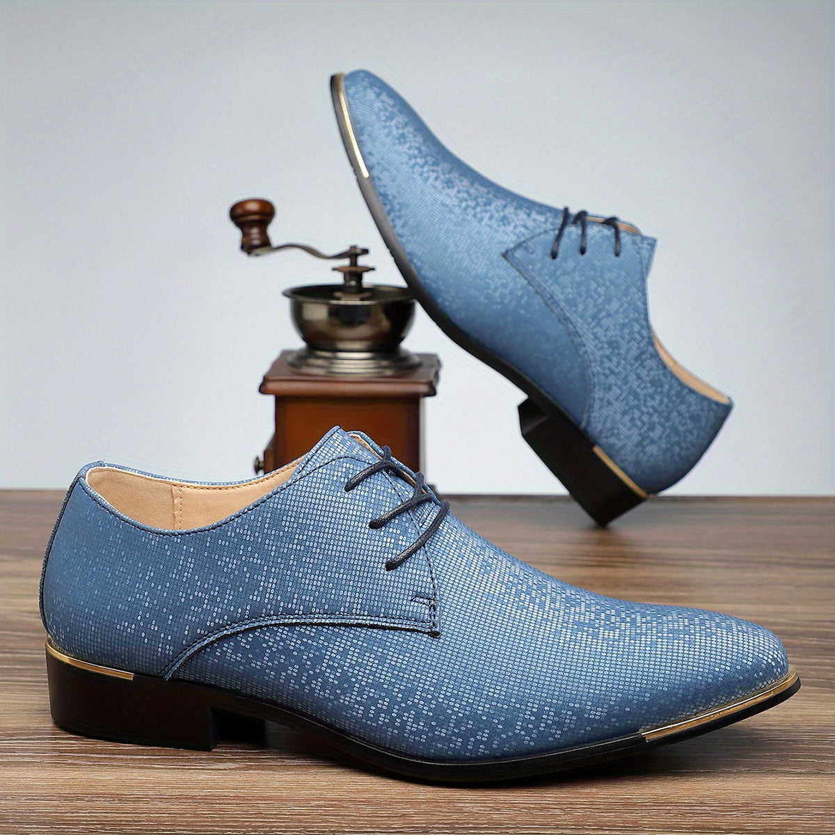 SHOWLU men's green glittery Oxford shoes with casual lace-up design and rubber sole, stylish footwear for men.
