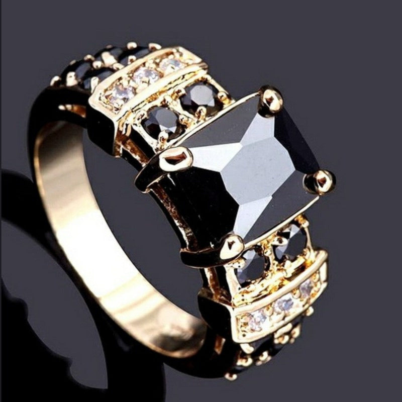 Gold-plated black zircon ring for women, elegant wedding jewelry by SHOWLU FASHION STORE, showcasing a sleek and stylish design.