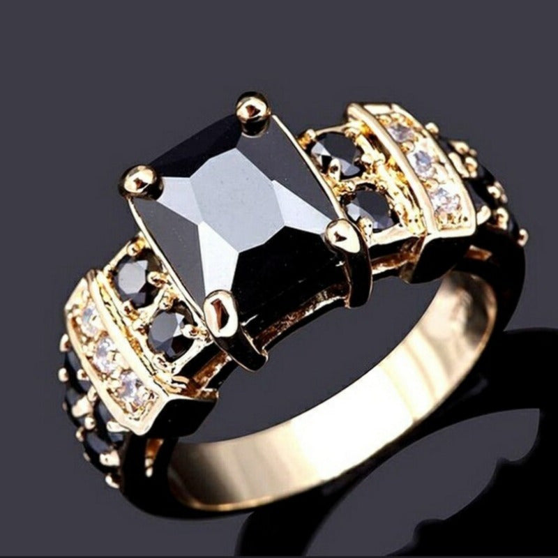 Gold-plated black zircon ring for women, elegant wedding jewelry featuring a sleek design and sparkling black stones.