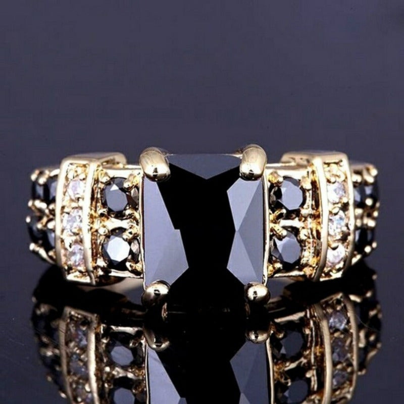 Gold-plated black zircon ring for women, featuring elegant design and sparkling black gemstones, ideal for wedding jewelry.