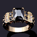 Gold-plated black zircon ring for women, elegant wedding jewelry featuring a stylish design and sparkling black zircon stones.