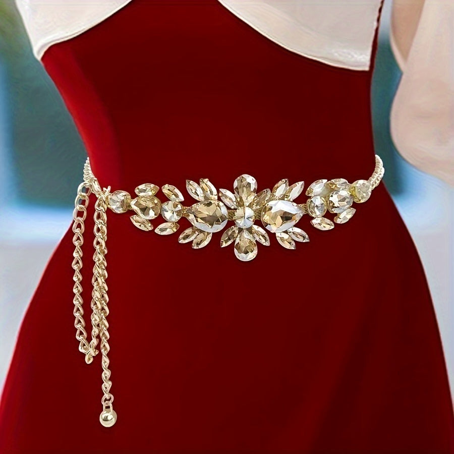 SHOWLU FASHION women's rhinestone leaf chain belt in gold, vintage boho style with intricate leaf and rhinestone details.