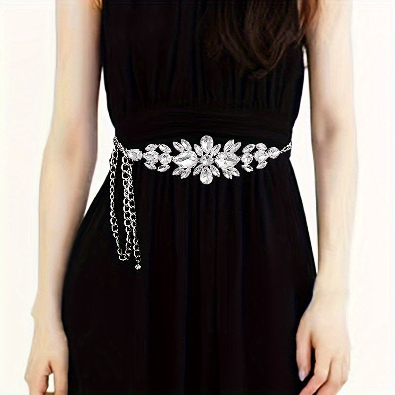 Golden SHOWLU FASHION women's rhinestone leaf chain belt with vintage boho style, featuring sparkling leaf motifs and delicate chain design.