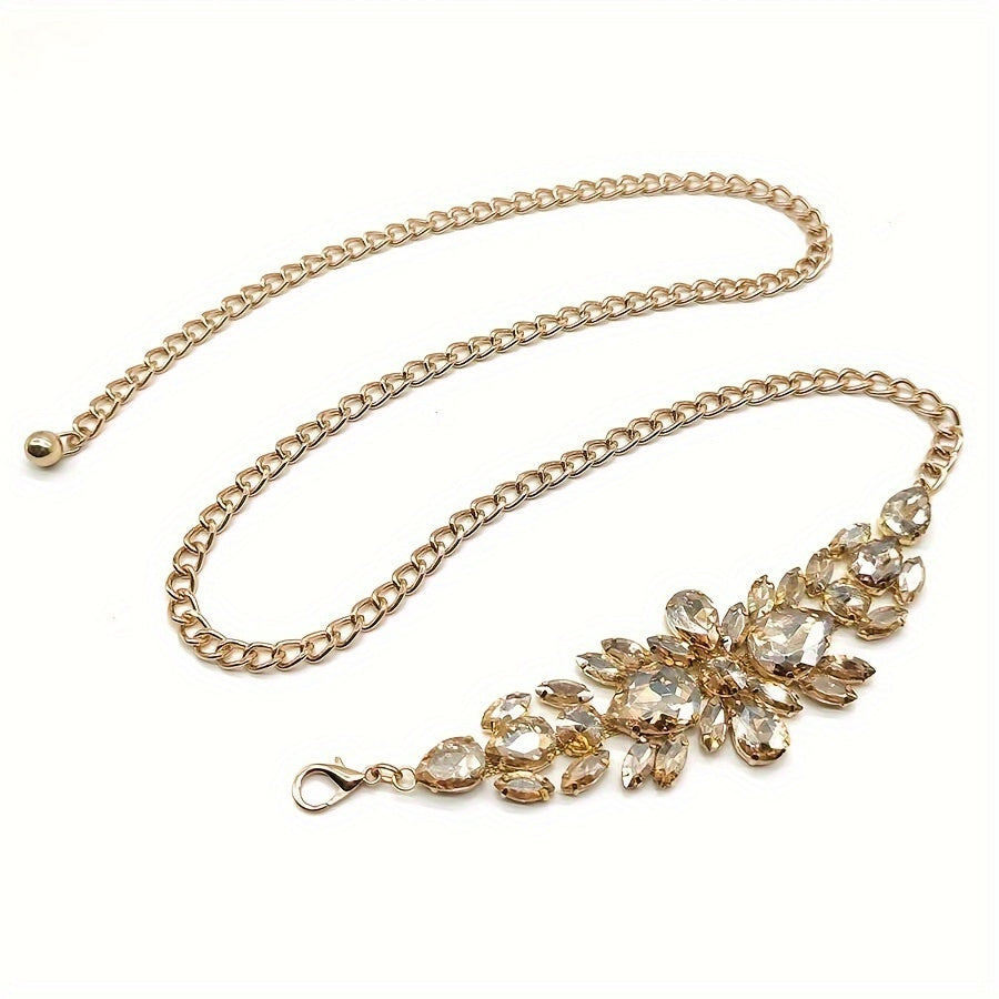 SHOWLU FASHION women's rhinestone leaf chain belt in gold, vintage boho style with intricate leaf and rhinestone details.