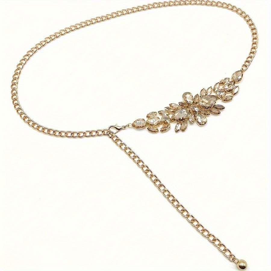 Golden SHOWLU FASHION women's rhinestone leaf chain belt with vintage boho style, featuring intricate leaf and rhinestone details.