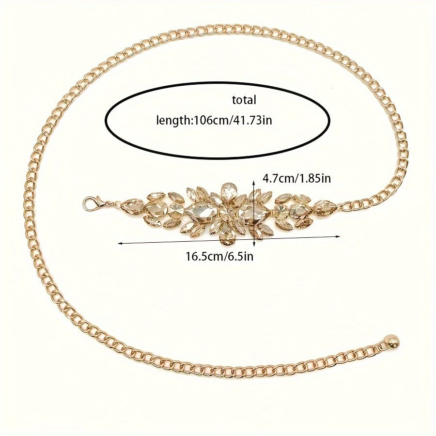 Golden rhinestone leaf chain belt for women, vintage boho style by SHOWLU FASHION, featuring intricate leaf design and sparkling accents.