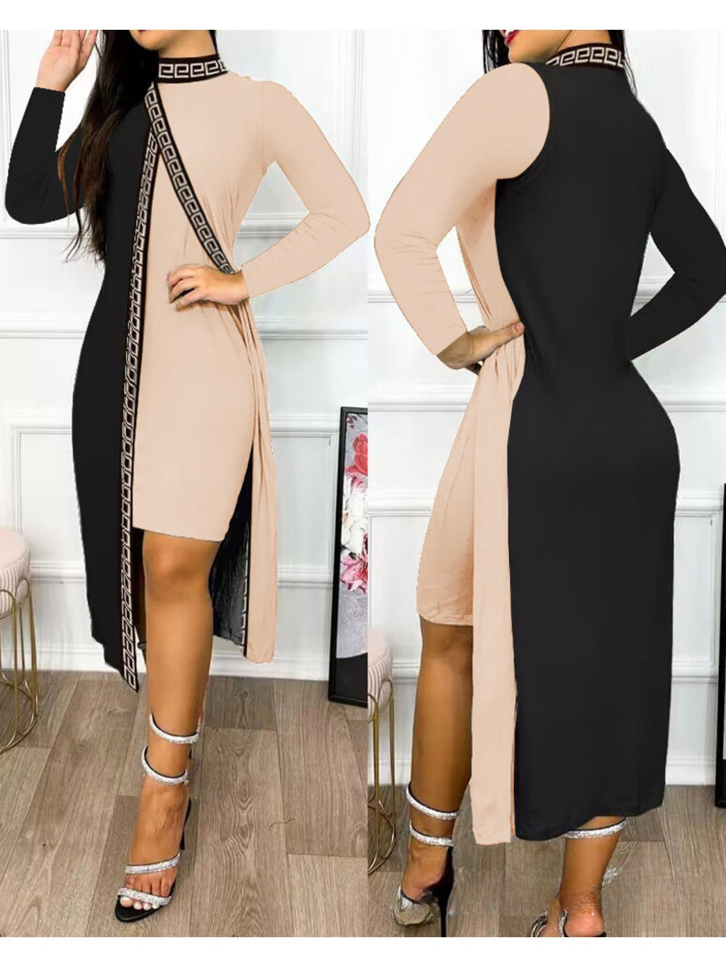 SHOWLU FASHION women's long sleeve bodycon dress with color block design and side slit, form-fitting evening dress.