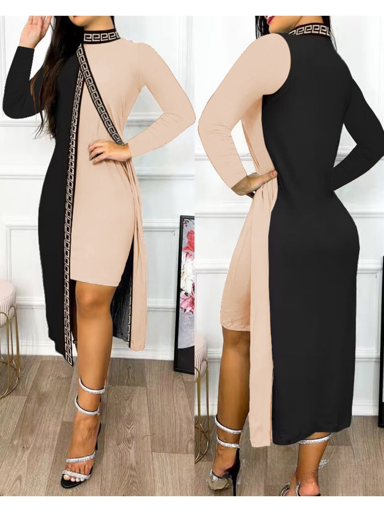 SHOWLU FASHION women's long sleeve bodycon dress with color block design and side slit, form-fitting evening dress.