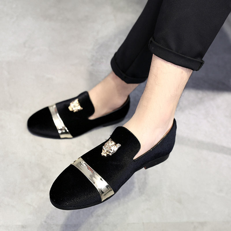 Men's SHOWLU FASHION suede loafers with tiger head detail, casual business shoes in a classic slip-on style.