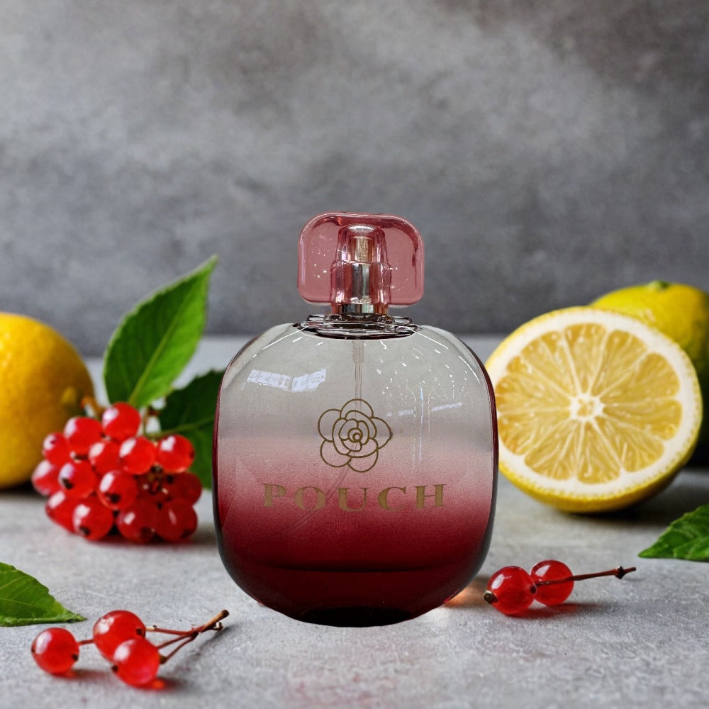 SHOWLU Blush Rose Eau de Parfum for Women in 3.4oz pouch, featuring a floral fragrance and elegant pink liquid.