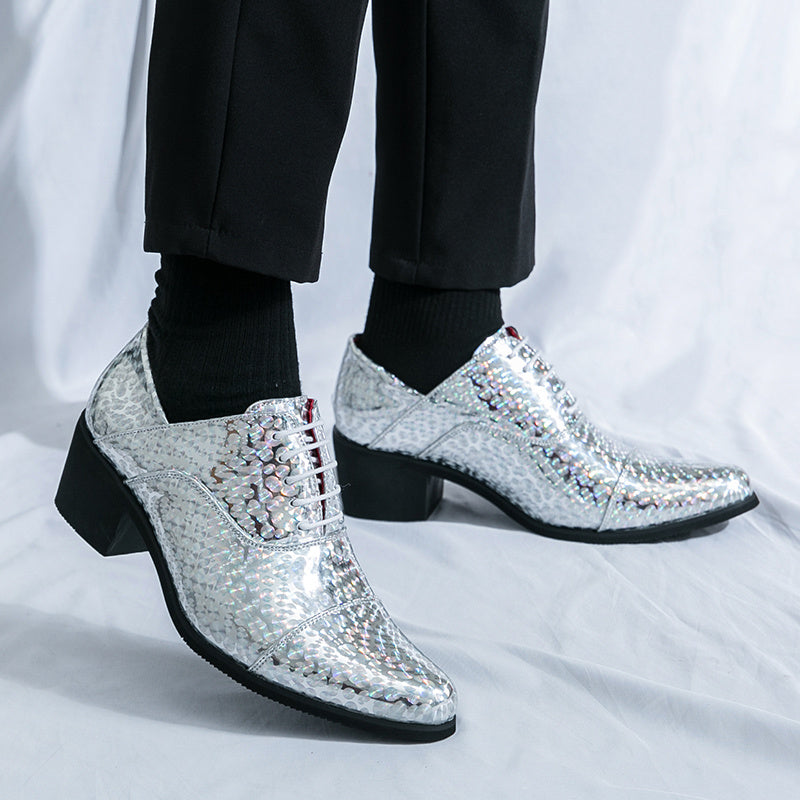SHOWLU Men's faux leather loafers featuring classic British style formal shoes with sleek black design and polished finish.