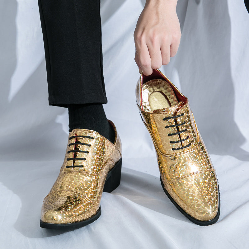 SHOWLU Men's faux leather loafers in classic British style, formal slip-on shoes with sleek design and polished finish.