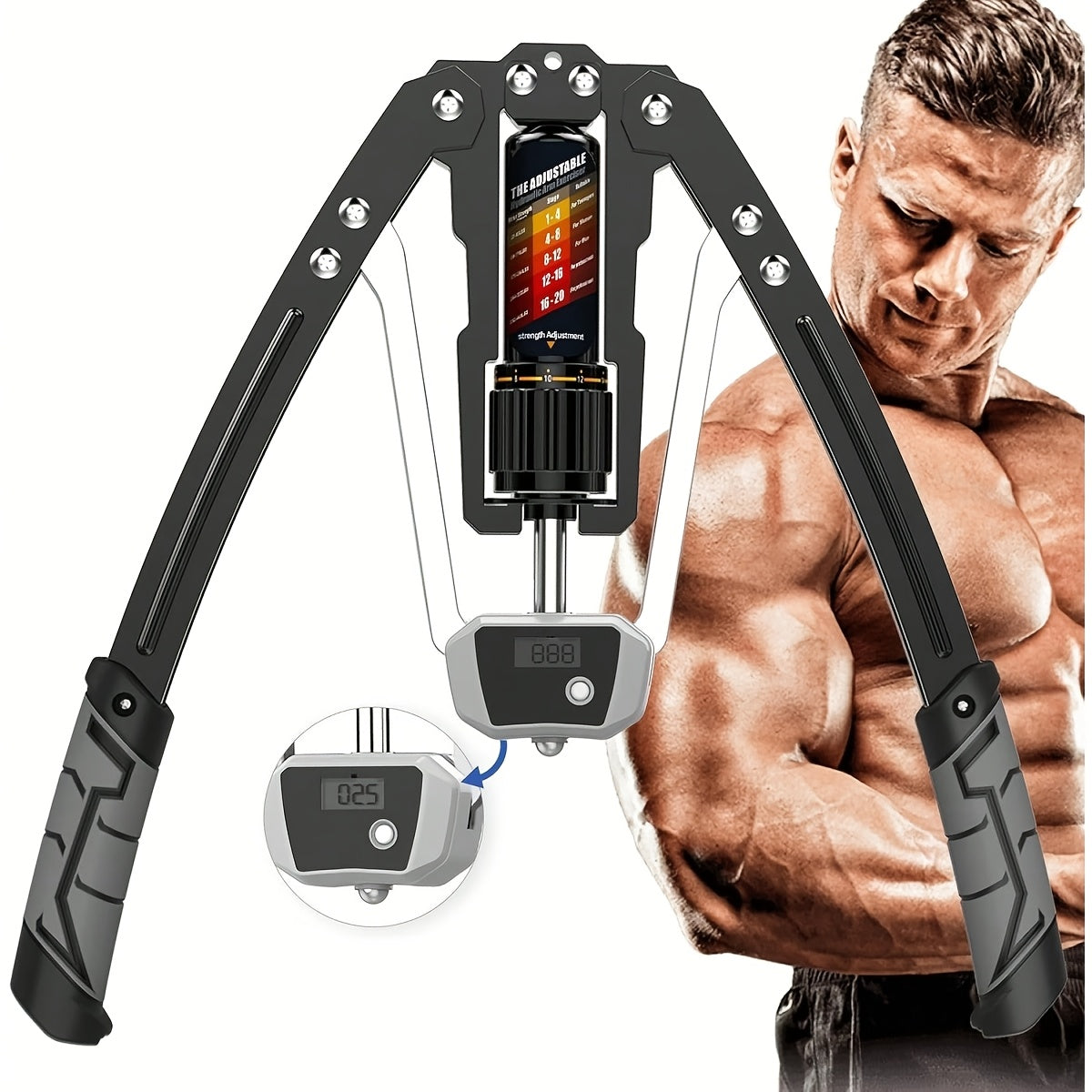 Showlu Hydraulic Chest Expansion Bar with carbon steel arms, adjustable for 22-440 lbs, used for arm and chest workout.