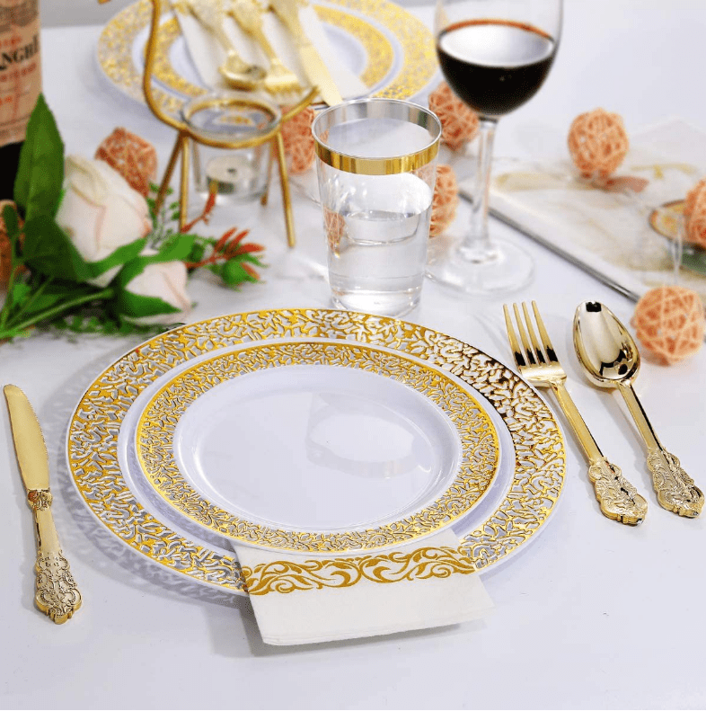 Showlu 175-piece rose gold disposable plastic tableware set with plates, cups, knives, forks, and spoons for parties and events.