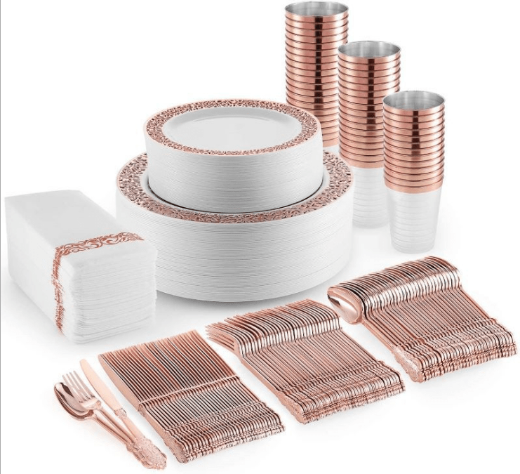 Showlu 175-piece rose gold disposable plastic tableware set with plates, cups, wine glasses, knives, forks, and spoons.