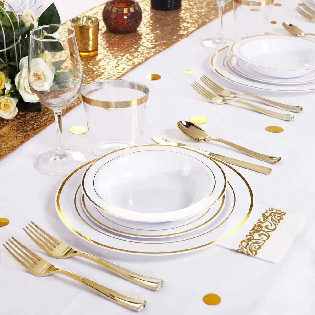 Showlu 175-piece rose gold disposable plastic tableware set with plates, cups, wine glasses, knives, forks, and spoons for events