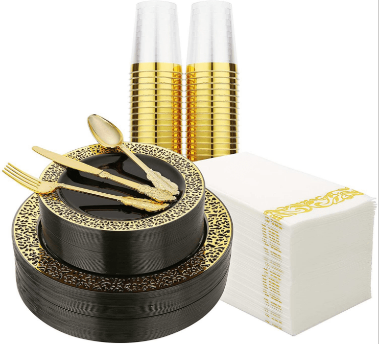 Showlu Rose Gold 175-piece disposable plastic tableware set with plates, cups, knives, forks, and spoons for parties and events.