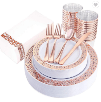 Showlu 175-piece rose gold disposable plastic tableware set with plates, cups, knives, forks, and spoons for elegant events.