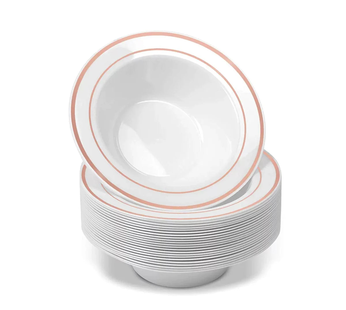 Rose gold disposable tableware set with plastic plates, cups, knives, forks, and spoons for parties and events.