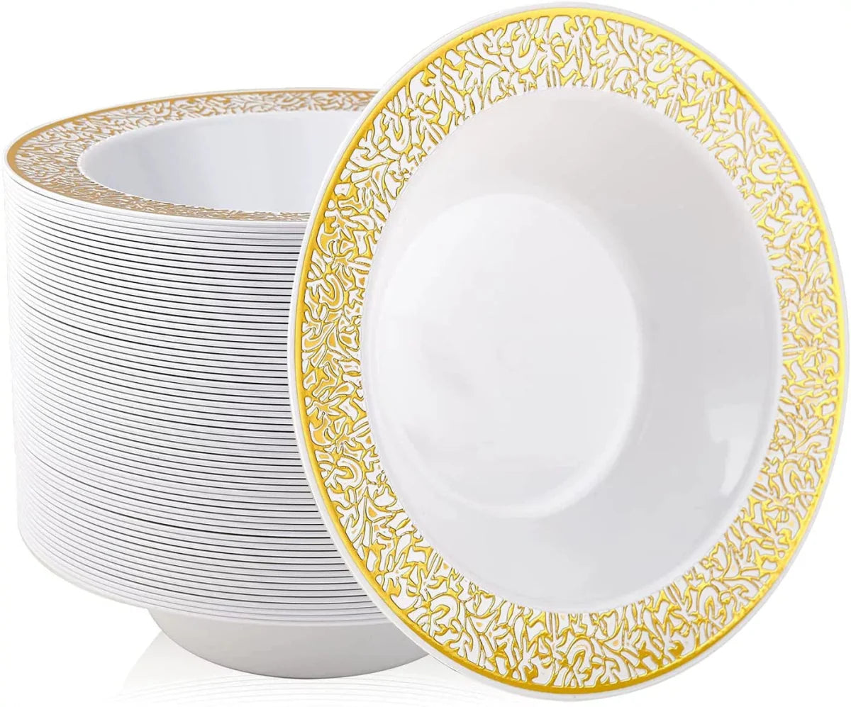 Showlu 175-piece rose gold disposable plastic tableware set with plates, cups, wine glasses, knives, forks, and spoons for events