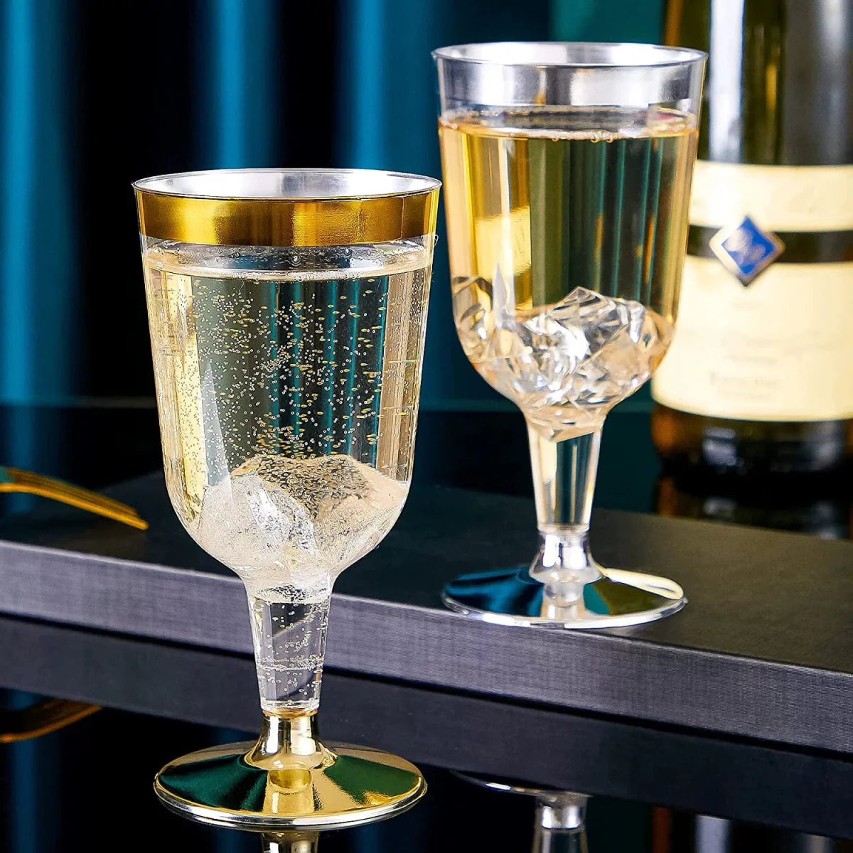 Showlu 175-piece rose gold disposable tableware set with plastic plates, cups, wine glasses, knives, forks, and spoons for parties.