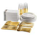 Showlu 175-piece rose gold disposable plastic tableware set with plates, cups, knives, forks, and spoons for parties and events.