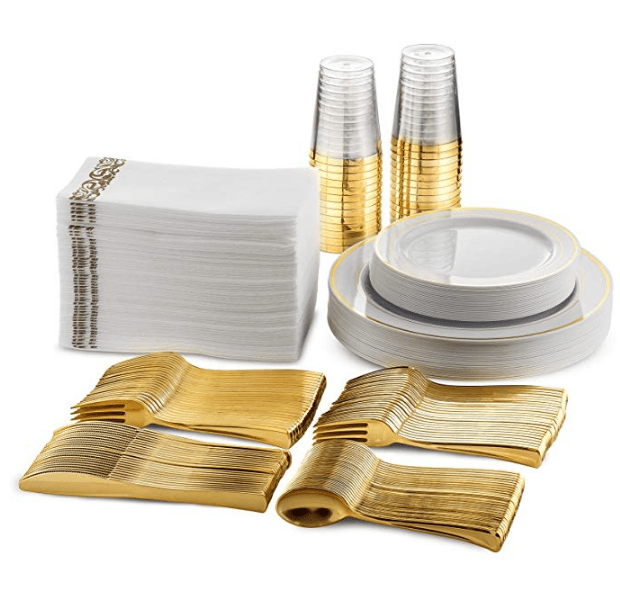 Showlu 175-piece rose gold disposable plastic tableware set with plates, cups, knives, forks, and spoons for parties and events.