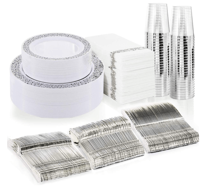 Showlu 175-piece rose gold disposable plastic tableware set with plates, cups, knives, forks, and spoons for parties and events.