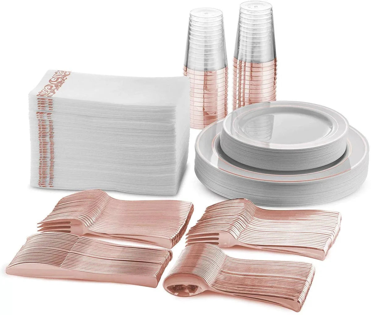 Showlu 175-piece rose gold disposable plastic tableware set with plates, cups, knives, forks, and spoons for elegant events.
