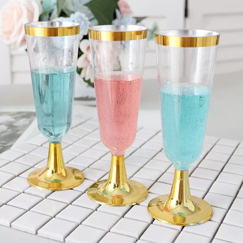 Showlu 175-piece rose gold disposable plastic tableware set with plates, cups, wine glasses, knives, forks, and spoons for events.