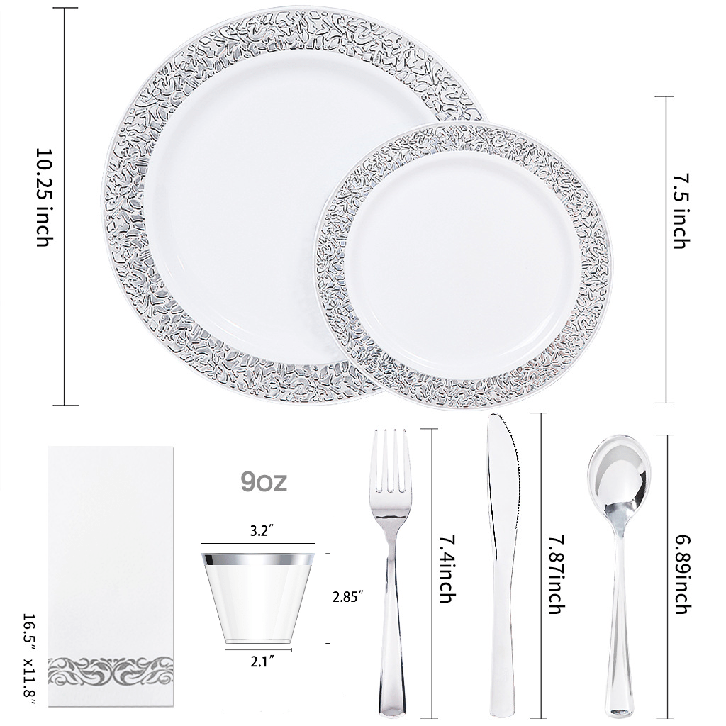 Showlu 175-piece rose gold disposable plastic tableware set with plates, cups, knives, forks, and spoons for elegant events.