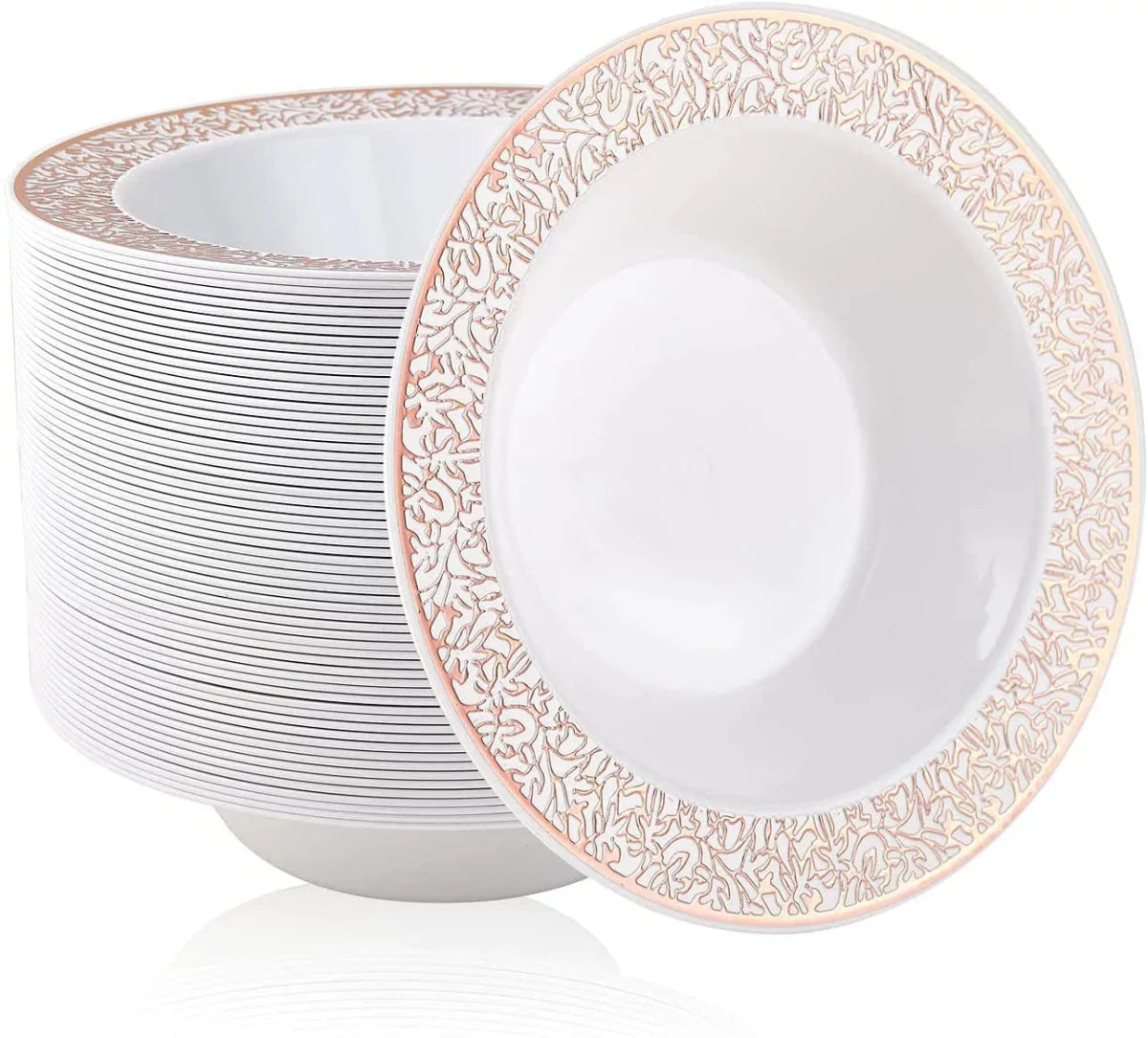 Rose gold disposable tableware set by Showlu with plastic plates, cups, wine glasses, knives, forks, and spoons for parties.