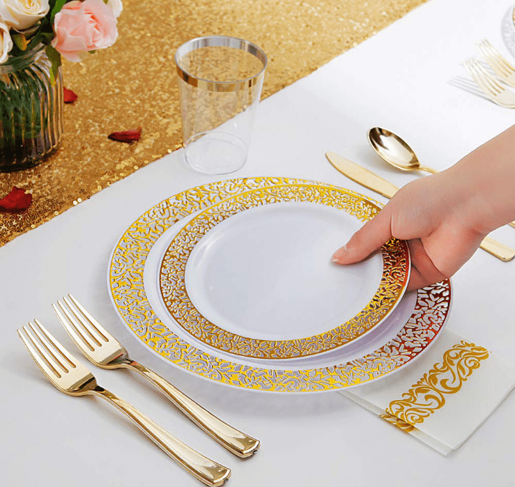 Showlu 175-piece rose gold disposable plastic tableware set with plates, cups, knives, forks, and spoons for parties and events.