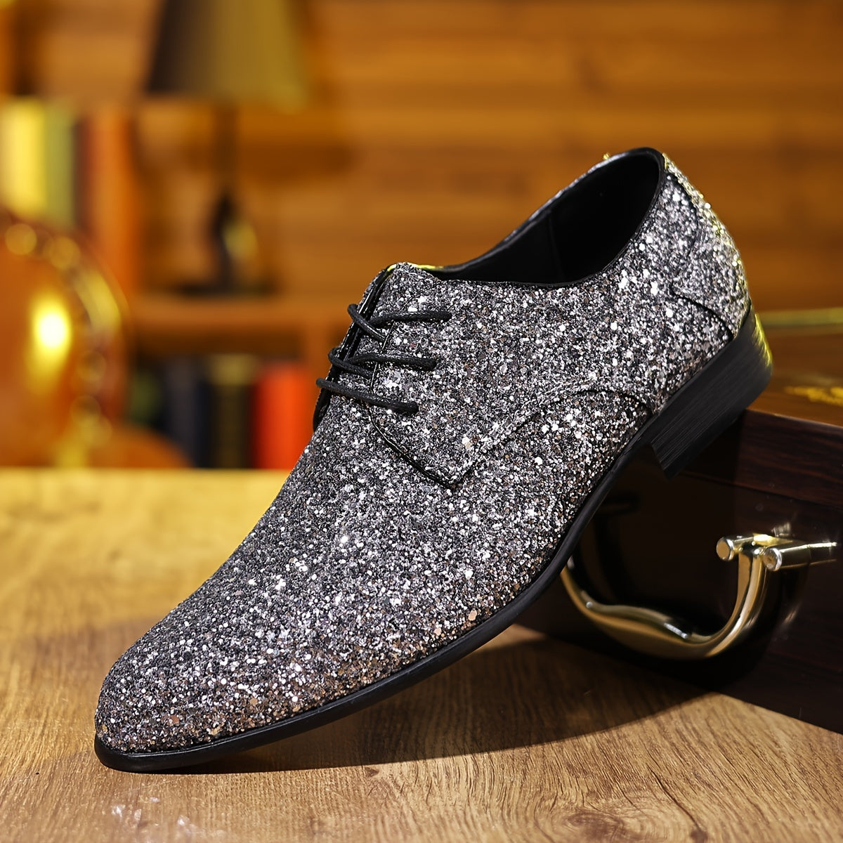 SHOWLU FASHION glitter pointed toe casual shoes in shiny solid color with stylish design and comfortable fit.