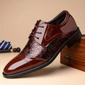 Men's glossy brown faux leather pointed toe dress shoes by Showlu Fashion Store, featuring a sleek, polished design for formal occasions.