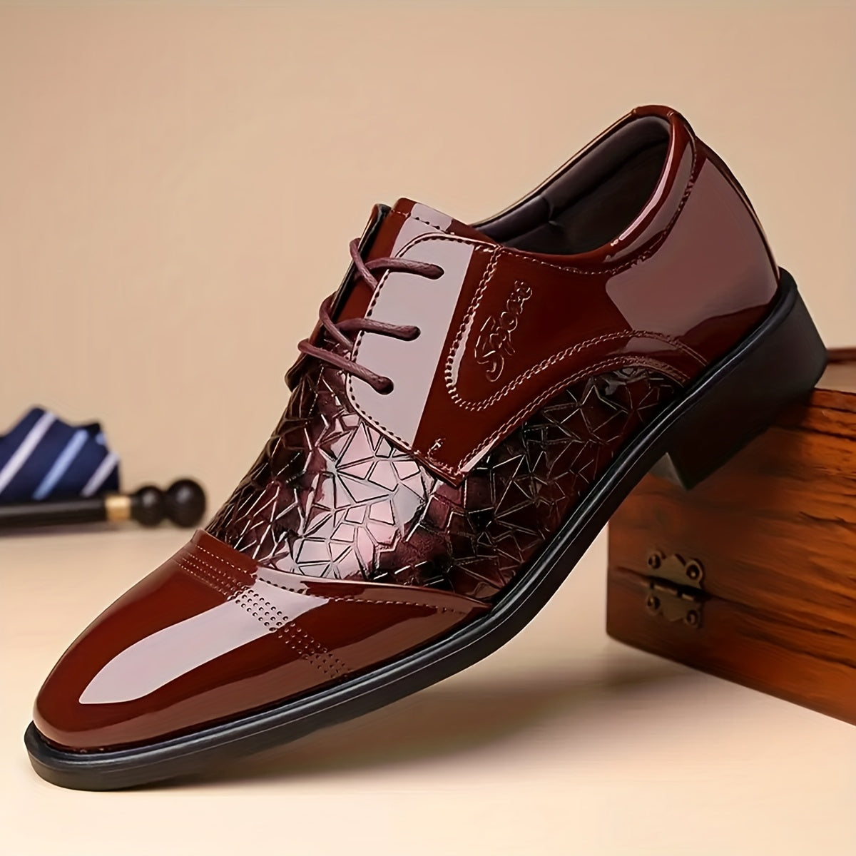 Men's glossy brown faux leather pointed toe dress shoes by Showlu Fashion Store, featuring a sleek, polished design for formal occasions.