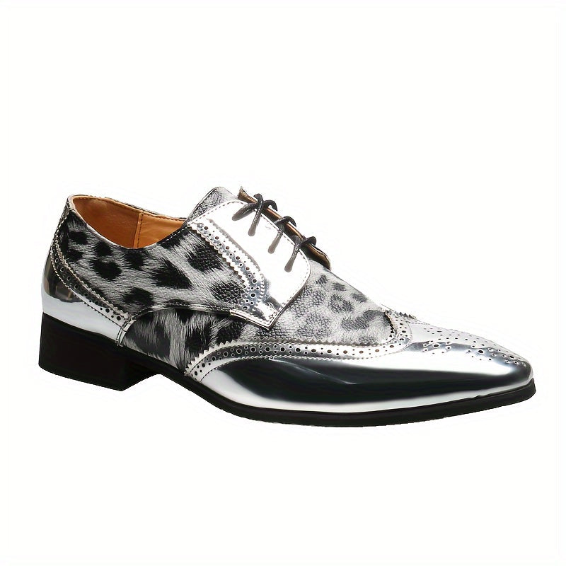 SHOWLU Men's leopard print oxford shoes with pointed toe and brogue detailing, stylish dress shoes for formal or casual wear.