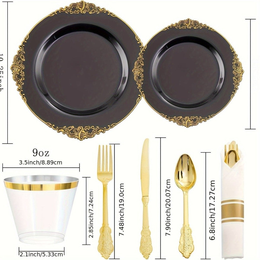 Disposable plastic party plates and cutlery set by Showlu Fashion Store, includes black, blue, gold plates and silverware for 25 guests.