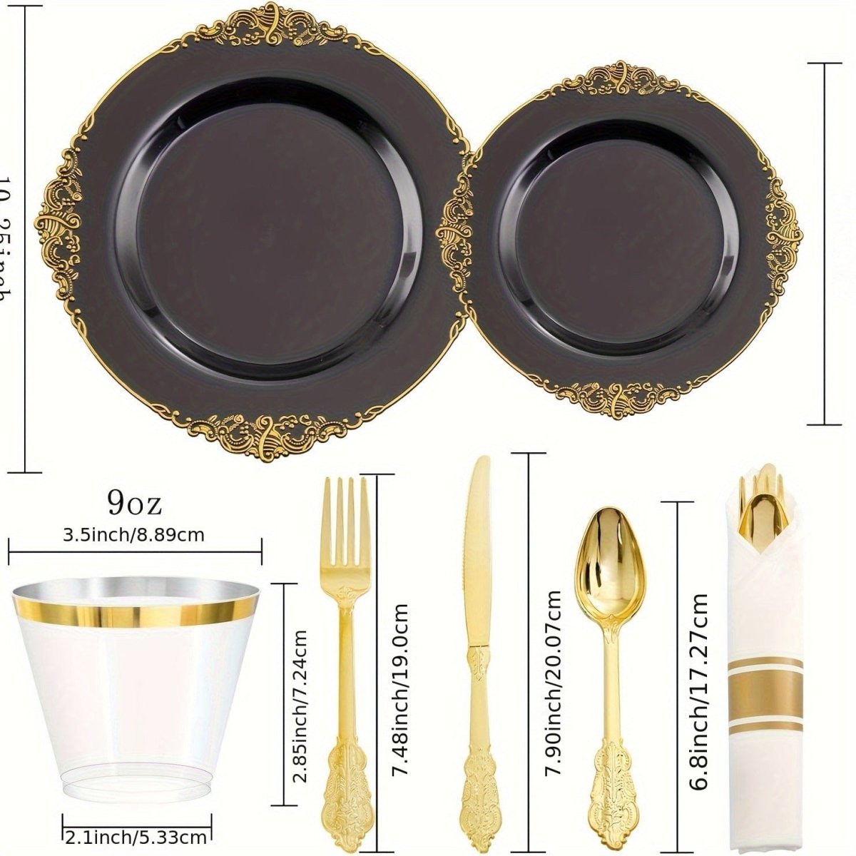 Disposable plastic party plates and cutlery set by Showlu Fashion Store, includes black, blue, gold plates and silverware for 25 guests.