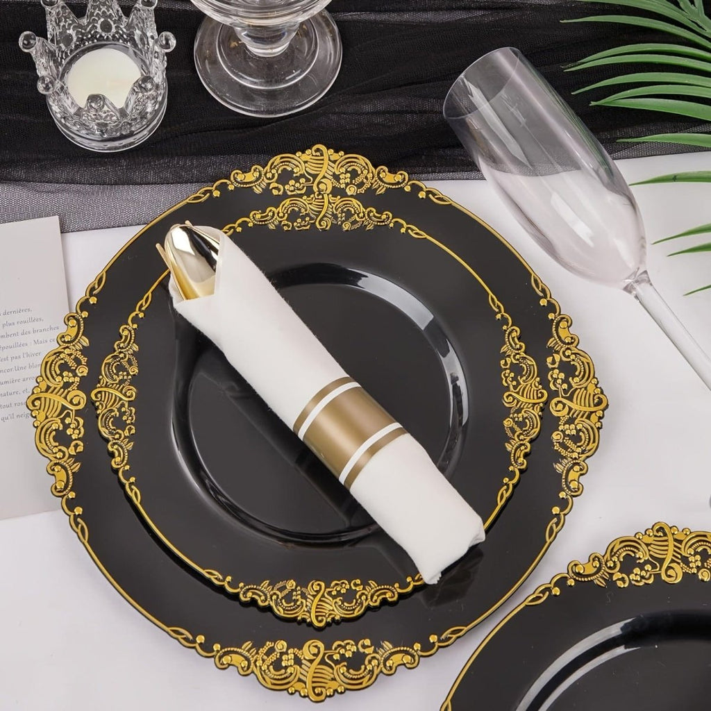 Showlu Fashion Store Nervure 175-piece disposable plastic party plates and cutlery set in black, blue, gold with cups and napkins for 25 guests.
