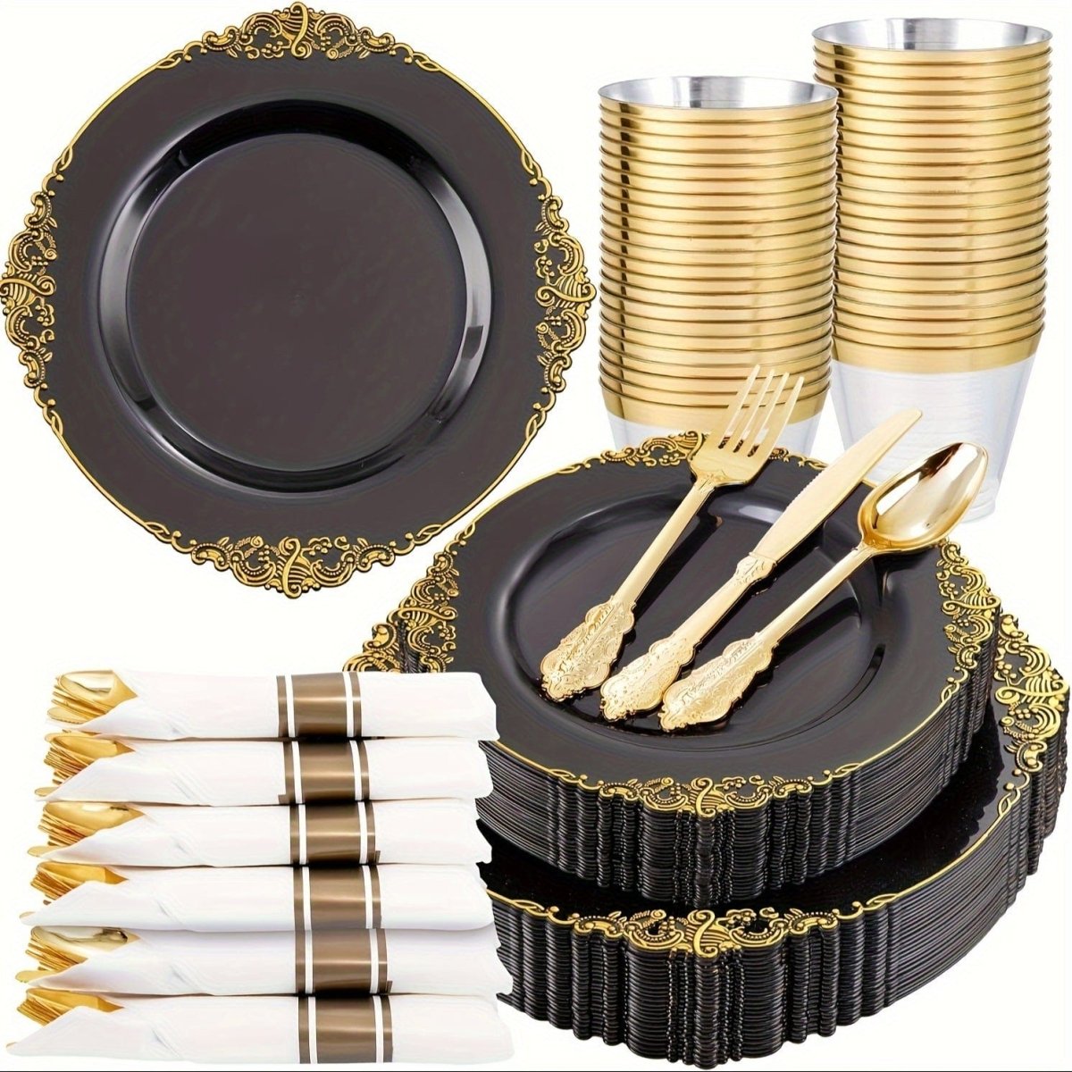 Showlu Fashion Store Nervure 175-piece disposable plastic party plates and cutlery set with black, blue, gold accents for 25 guests