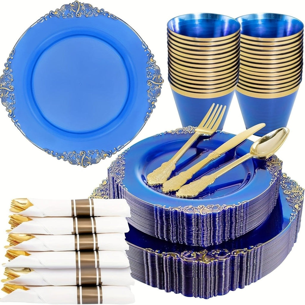 Disposable plastic party plates and cutlery set by Showlu Fashion Store, includes black, blue, gold, and silverware for 25 guests.