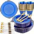 Disposable plastic party plates and cutlery set by Showlu Fashion Store, includes black, blue, gold, and silverware for 25 guests.