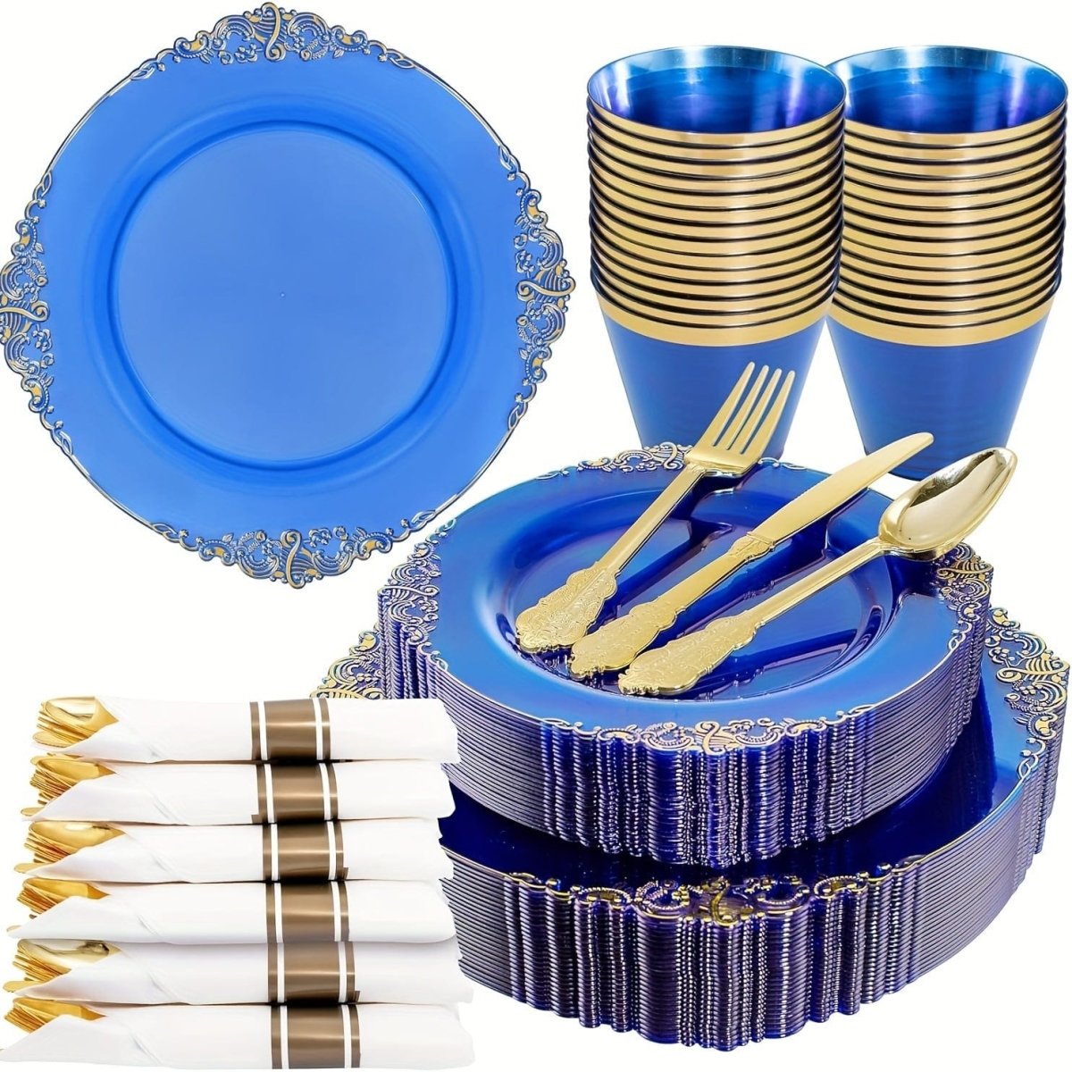 Disposable plastic party plates and cutlery set by Showlu Fashion Store, includes black, blue, gold, and silverware for 25 guests.