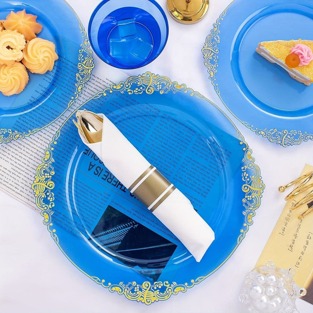 Showlu Fashion Store Nervure 175-piece disposable plastic party plates, cutlery, cups, and napkins in black, blue, and gold for 25 guests.