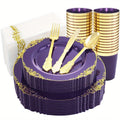 Nervure 175-piece gold plastic dinnerware set for 25 guests includes purple and clear plates, cups, utensils, and napkins for events.