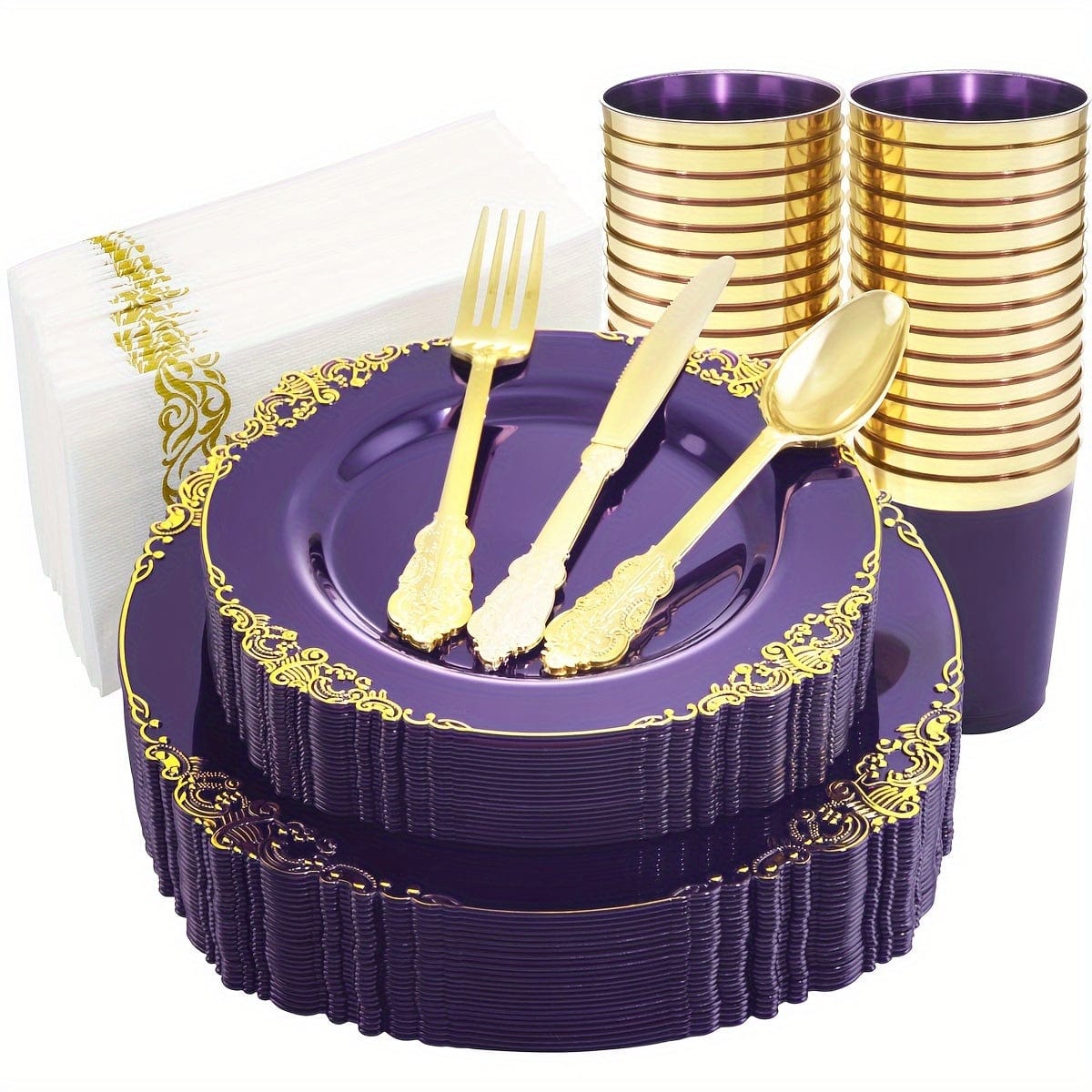 Nervure 175-piece gold plastic dinnerware set for 25 guests includes purple and clear plates, cups, utensils, and napkins for events.
